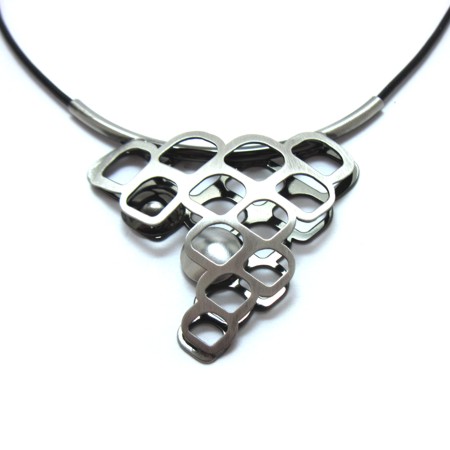 Brushed Silvertone Honeycomb Black Cord Necklace - Click Image to Close